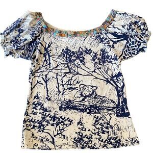 Haven blue embellishments balloon sleeve blouse sz small white blue print